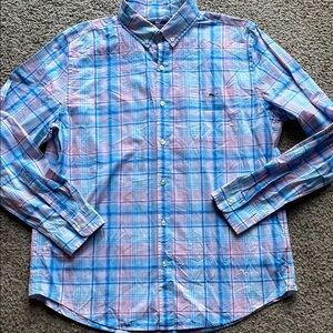 Vineyard Vines Men's Blue and Pink Plaid Shirt size L